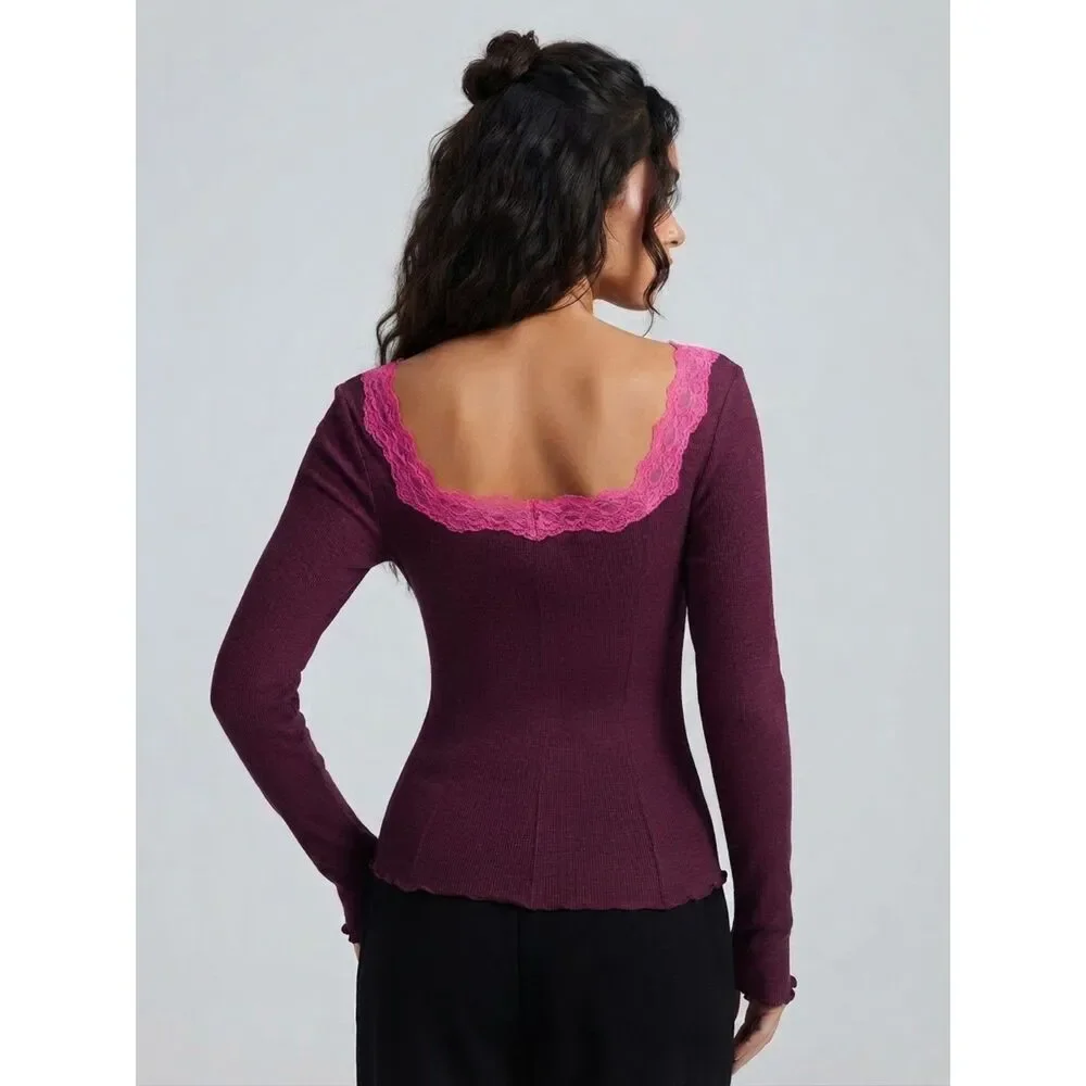 NWT Free People Womens Medium Pink Long Sleeve Layering Top Lace Trim